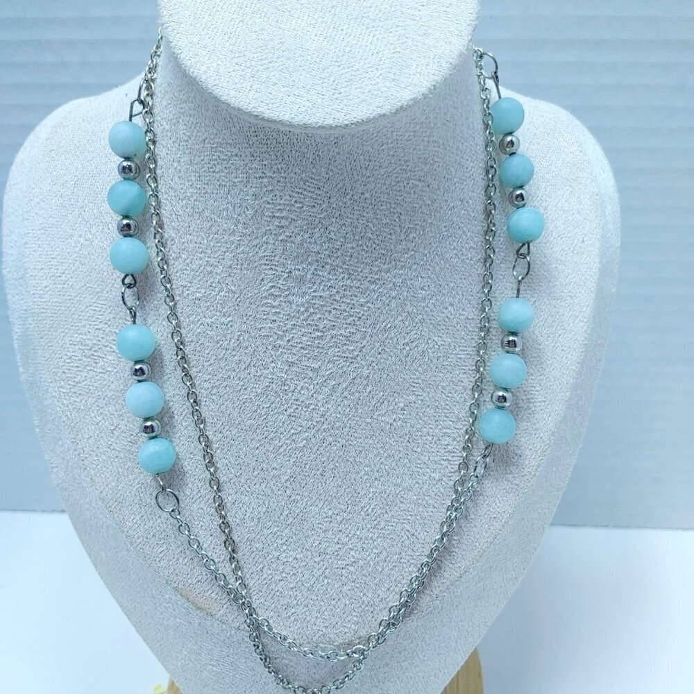 3/$30 Fashion Necklace 26" Silver Tone Chain W/Pale blue Amazonite Beads